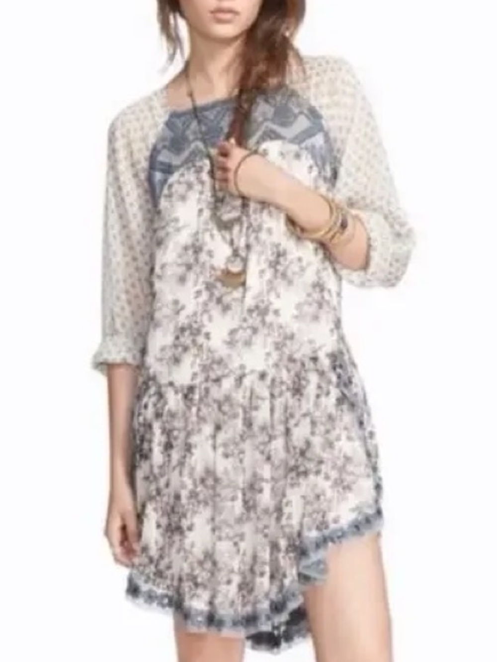 FREE PEOPLE Elsie Boho Sheer Mini Dress Long Sleeve Magnolia Combo Embellished